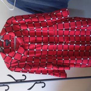 Red Patterned Overcoat. Three quarter Length Bell Sleeves with Oversized Buttons